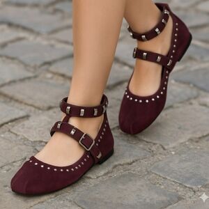 ZARA Burgundy Maroon Wine Studded Suede Leather Ballet Flats, NWT Size 38 EU